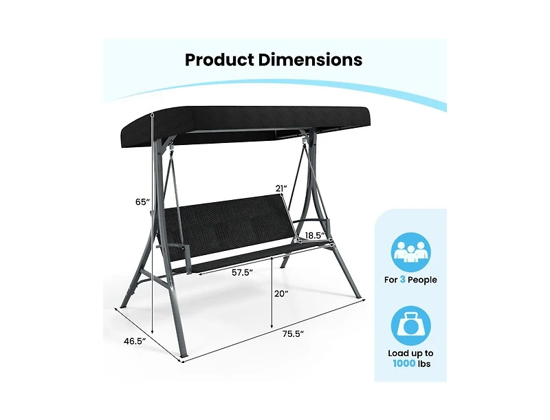 Slickblue Outdoor Canopy Swing Chair for 3 with Rattan Back