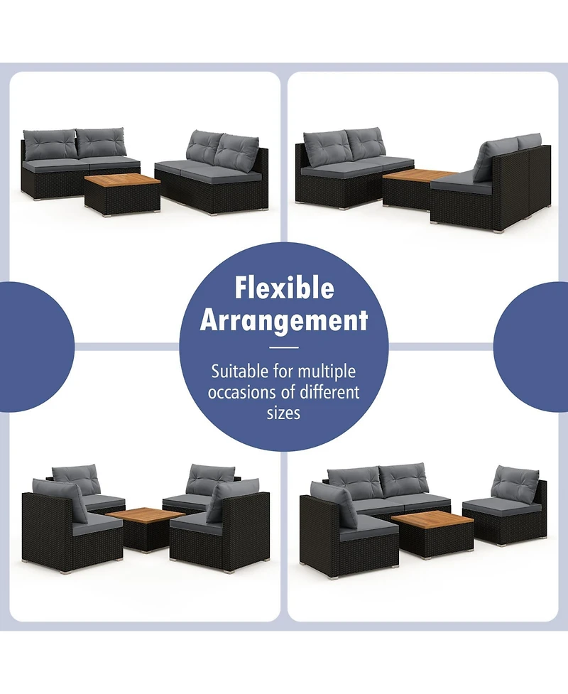 Gymax Set Of 5 Outdoor Furniture Set w/ Seat and Back Cushions Acacia Wood Tabletop