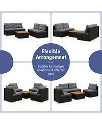 Gymax Set Of 5 Outdoor Furniture Set w/ Seat and Back Cushions Acacia Wood Tabletop