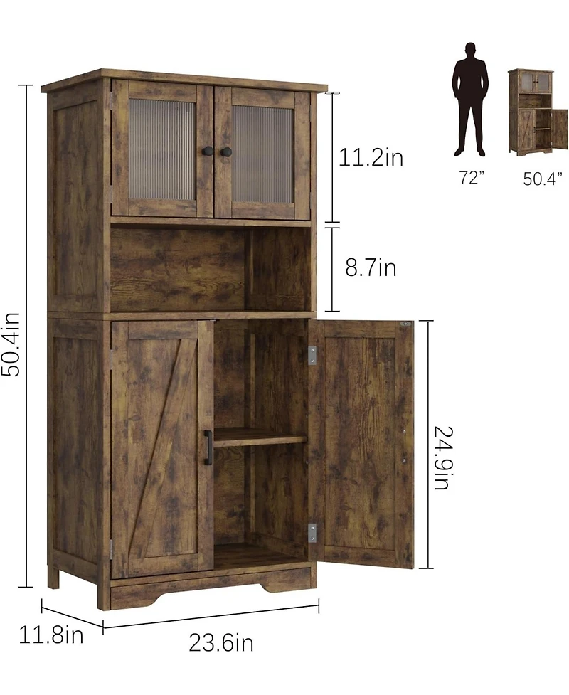 gaomon Farmhouse Freestanding Kitchen Pantry Cabinet with Glass Doors and Adjustable Shelves Cupboard, Floor Cabinet for Living Room