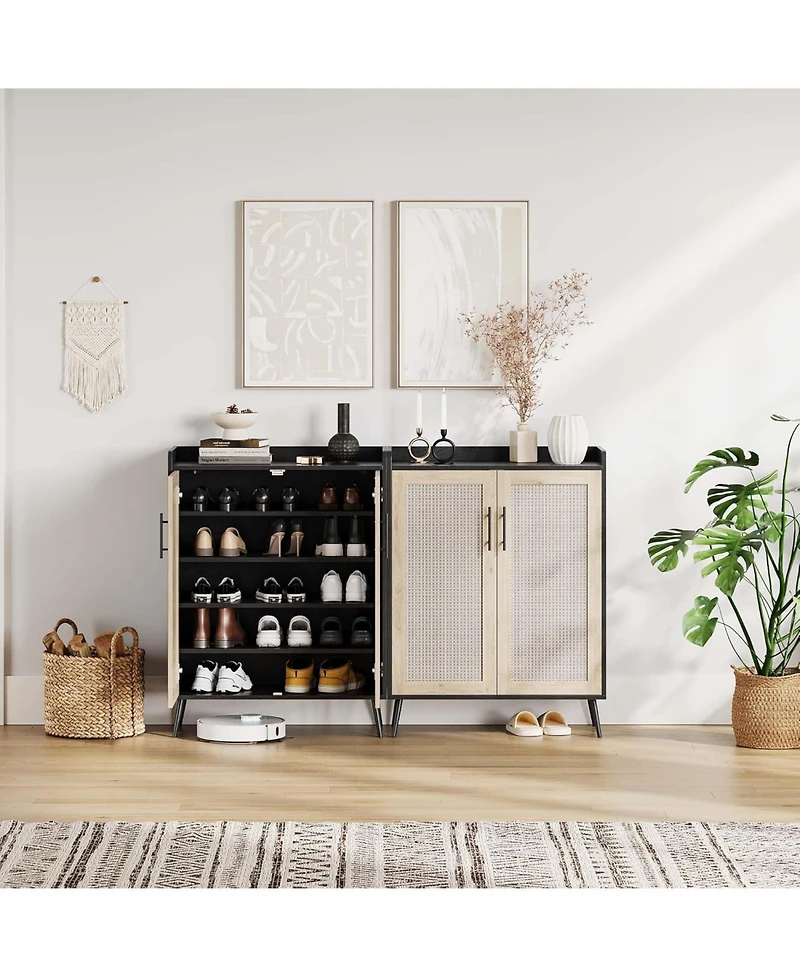 Shoe Cabinet with Doors 5 Tier Rattan Shoe Storage Adjustable Shelf Organizer Cabinet for Entryway Hallway