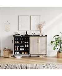 Shoe Cabinet with Doors 5 Tier Rattan Shoe Storage Adjustable Shelf Organizer Cabinet for Entryway Hallway