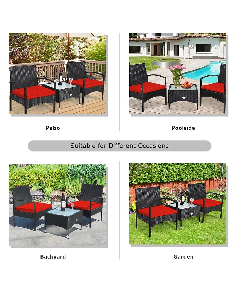 Gymax 3 Pcs Patio Wicker Rattan Furniture Set Coffee Table & 2 Rattan Chair w/ Cushion