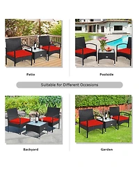 Gymax 3 Pcs Patio Wicker Rattan Furniture Set Coffee Table & 2 Rattan Chair w/ Cushion