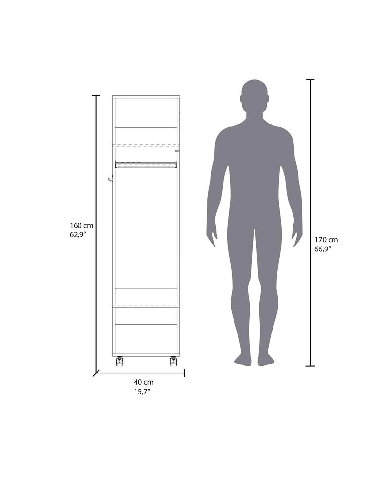 flynama Cluster 63inch Tall Wardrobe with Mirror Three Shelves Casters and Hanging Rod Bedroom Clothes Storage Cabinet Organizer