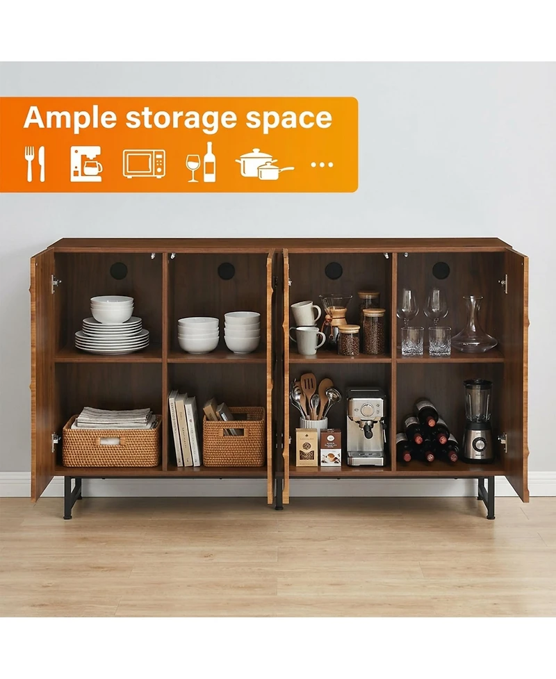 Clihome 59" Modern Solid Wood Sideboard with Wave Relief & Iron Legs