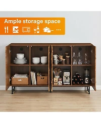 Clihome 59" Modern Solid Wood Sideboard with Wave Relief & Iron Legs