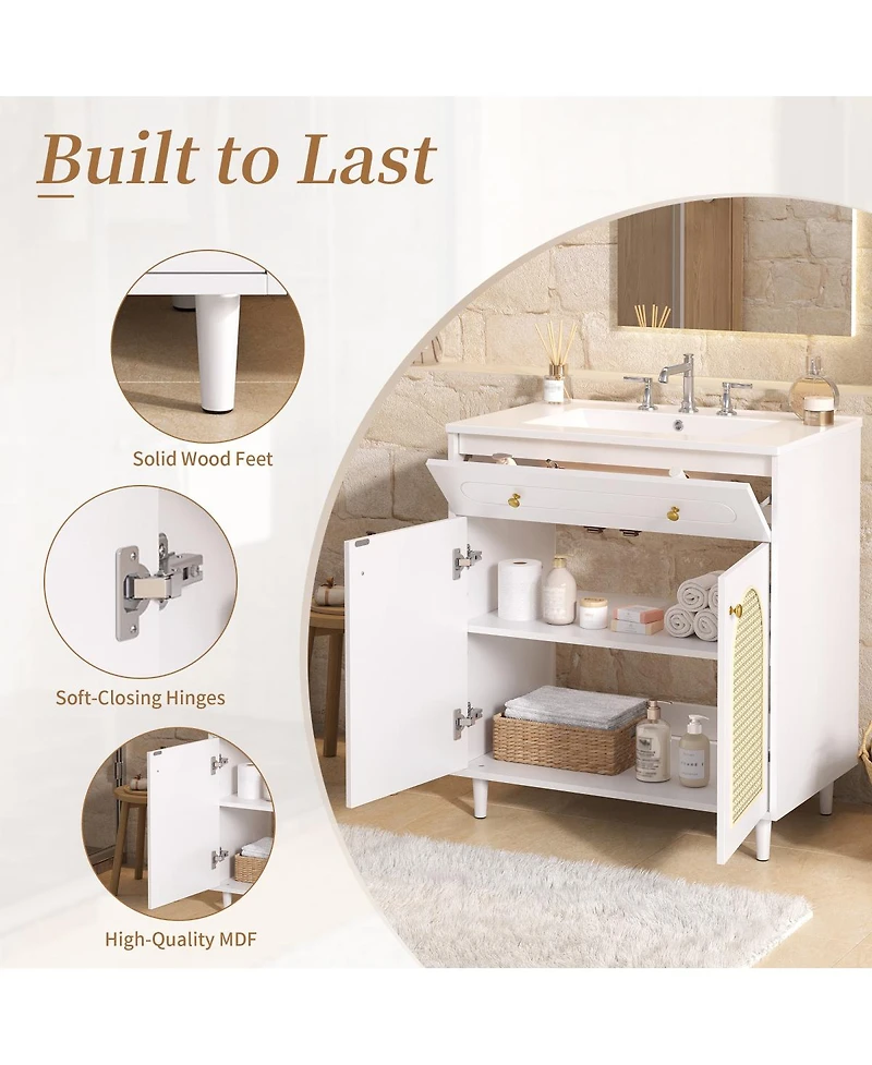 Sillysis 30 Inch Freestanding Bathroom Vanity with Sink, Solid Wood & Mdf Cabinet, Tip Drawer & Adjustable Shelf for Modern Storage