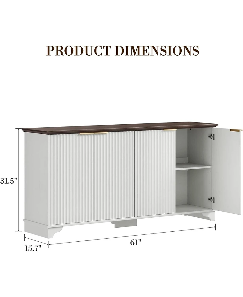 gaomon 61 Inch Modern Fluted Wood Buffet Cabinet with 4 Doors - Adjustable Shelf Storage Sideboard for Kitchen, Dining Room