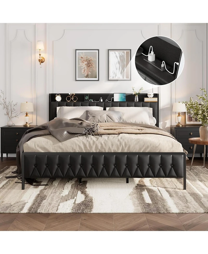 gaomon Contemporary Metal Bed Frame – King Size with Pu Faux Leather Button Headboard – Charging Station – 12" Underbed Storage