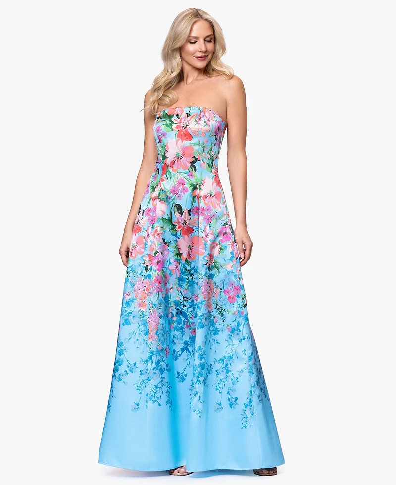Betsy & Adam Women's Floral Print Strapless Ball Gown