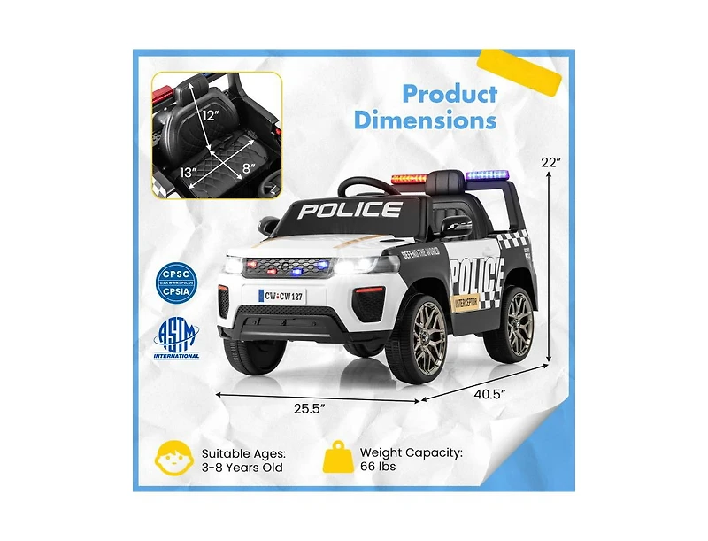 Hongge 12V Kids Ride on Police Car with Remote and Siren Flashing Lights