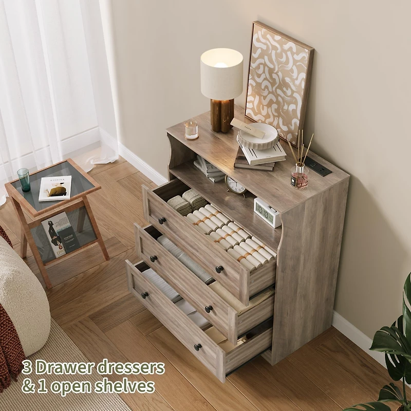 gaomon 3-Drawer Wooden Dresser with Led Lights & Charging Station, Storage Chest for Living Room & Closet.