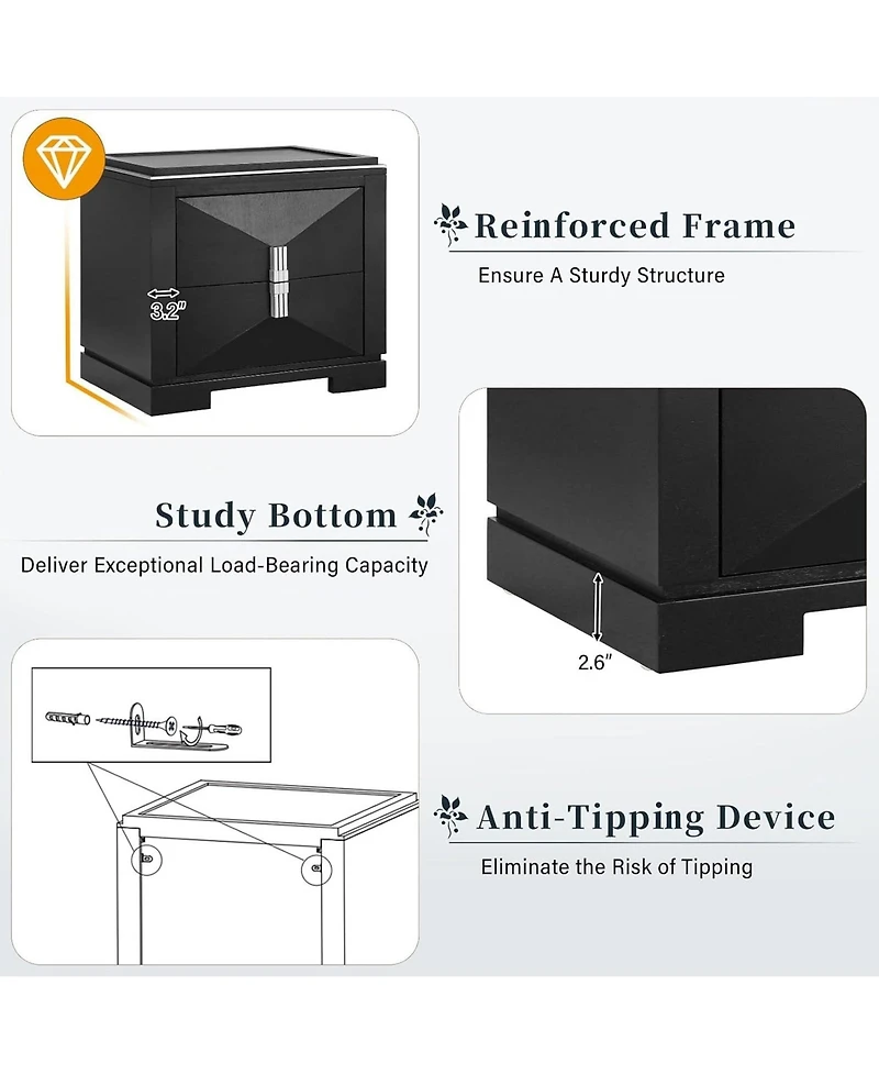 Rainsken Modern Nightstand, Wood Diamond Shaped End Table, 2 Drawers Bedside Table with Storage for Bedroom, Living Room