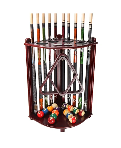 Gse Games & Sports Expert Wood 10 Corner Style Pool Cue Rack with Score Counter, Metal Hook, and Drink Holders