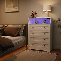 gaomon 4-Drawer Wooden Dresser with Led Lights & Charging Station, Modern Nightstand Chest for Bedroom