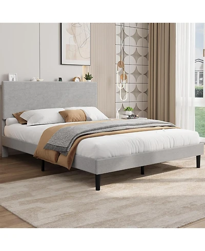 gaomon Queen Size Bed Frame with Usb Charging Station, Corduroy Upholstered Platform Bed Frame with Adjustable Storage Headboard