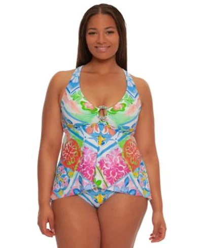 Becca Etc Plus Size Mijas Ring V Neck Tankini Top V Shirred Hipster Bottoms