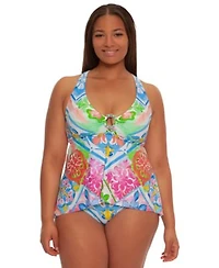 Becca Etc Plus Size Mijas Ring V Neck Tankini Top V Shirred Hipster Bottoms