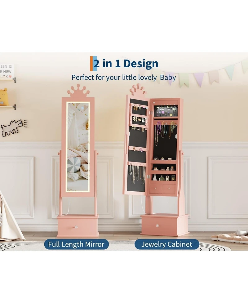gaomon Kids Jewelry Armoire with Full-Length Mirror and Led Light