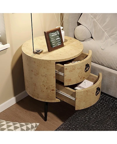 gaomon Modern Round Wood-Grain Side Table with 2 Drawers and Metal Legs