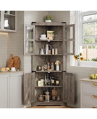 gaomon Rustic Farmhouse Tall Corner Cabinet Storage Cabinet with Glass Doors and Adjustable Shelves, Corner Display Cabinet for Kitchen