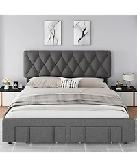 gaomon Queen Upholstered Platform Bed Frame with Storage Drawers Solid Wood Slats No Box Spring Needed
