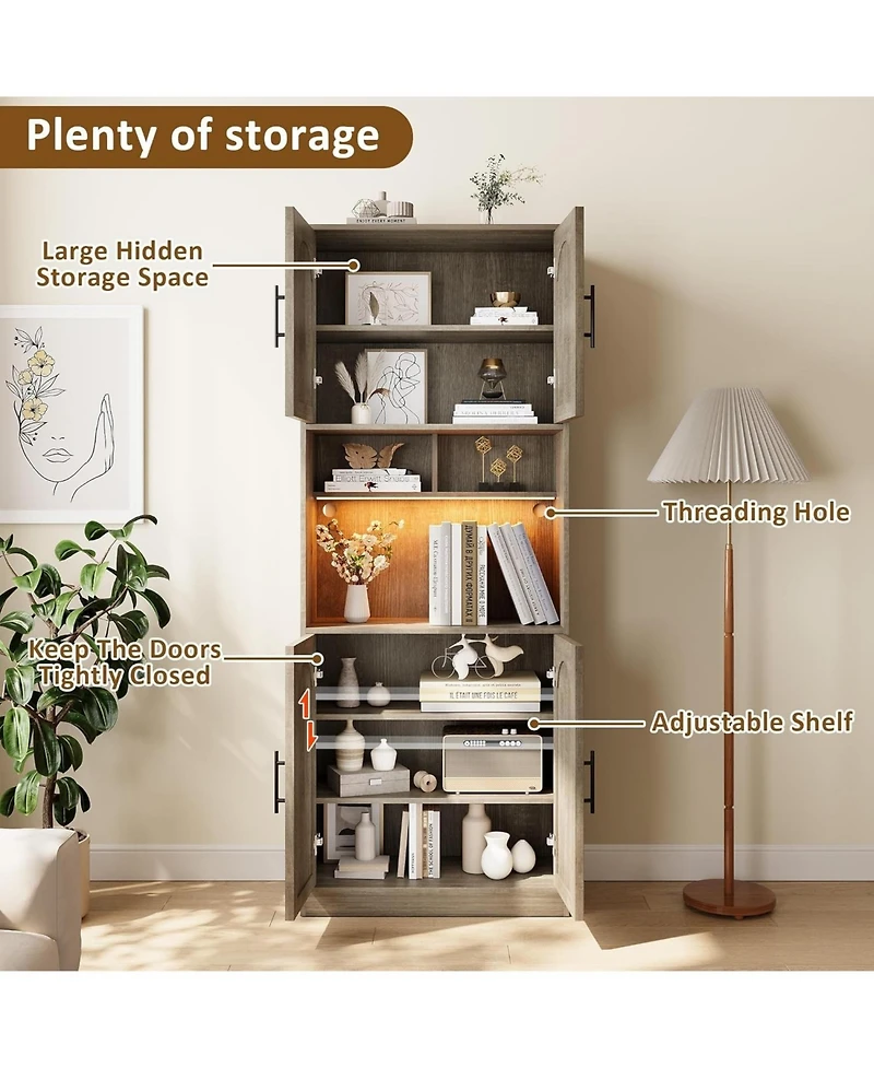 gaomon Tall Pantry Cabinet Led Light Microwave Shelf Oak