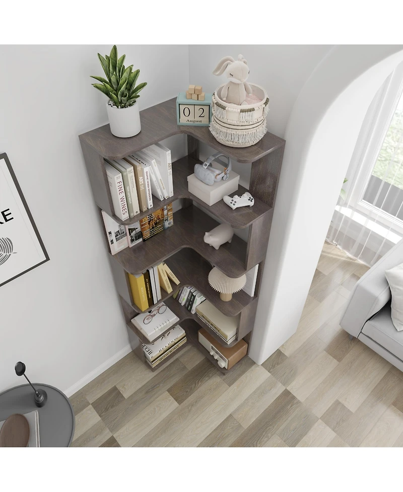 Rainsken 5 Tier L-Shaped Corner Bookshelf, Wooden Open Display Shelve, Storage Rack with Anti-Drop Panels for Living Room or Home Office