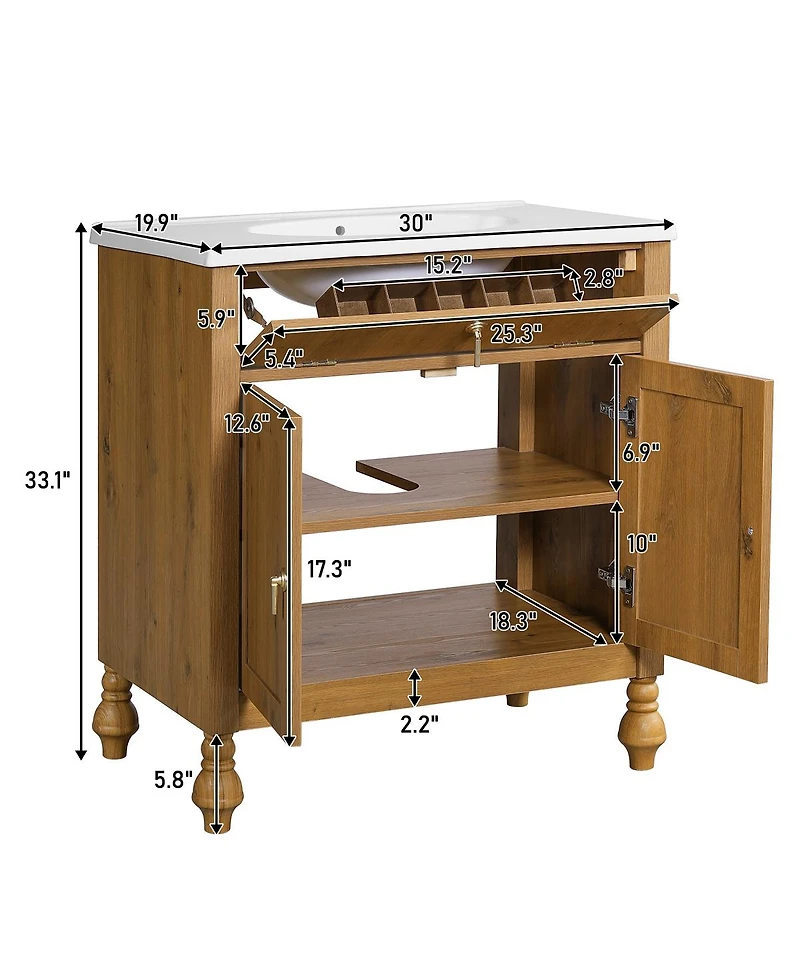 Sillysis 30 Inch Freestanding Bathroom Vanity with Seashell Resin Sink, Flip-Up Organizer & Soft Close Storage for Modern Space