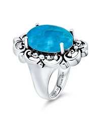 Bling Jewelry Western Style Filigree Oval Cabochon Full Finger Statement Blue Turquoise Ring Oxidized Sterling Silver