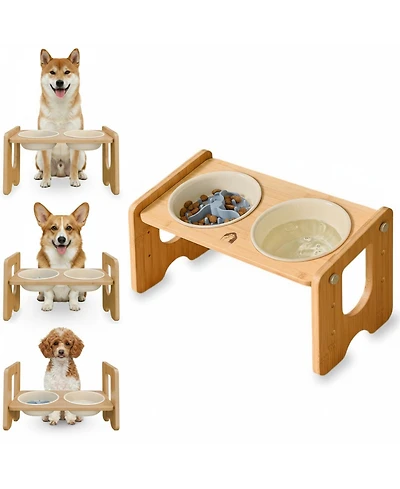 Aronkl Ceramic Dog Bowl with Stand Adjustable 3 Heights 13° Tilt 2×22 Oz Non-slip Bamboo Stand