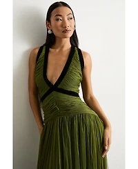 Warehouse Women's Petite Velvet Trim Tulle Maxi Dress
