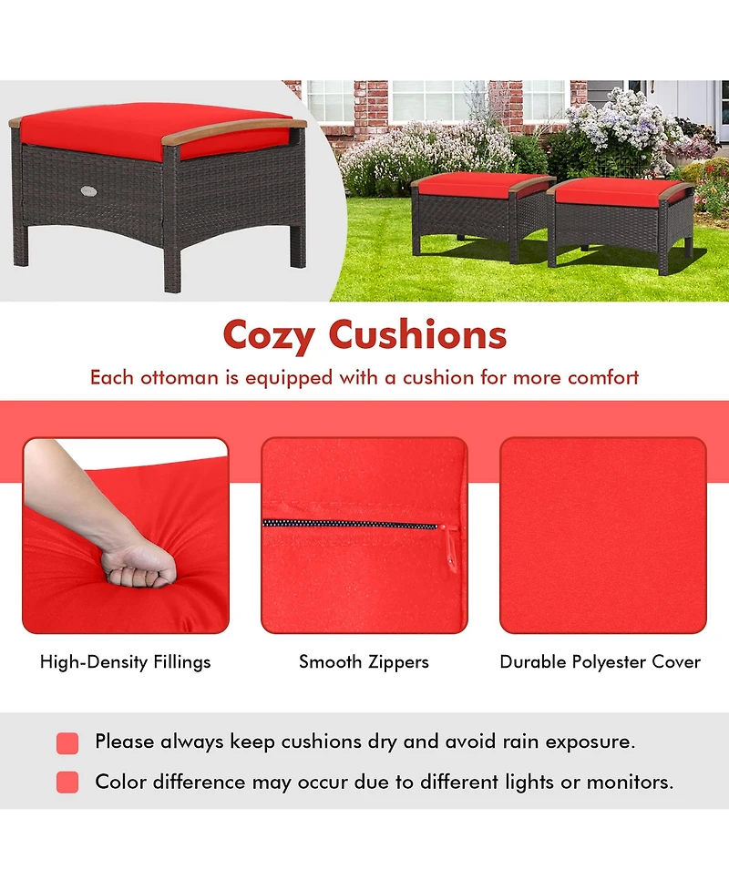Gymax 2PCS Patio Ottomans Wooden Handles Rattan Knitting Foot Pedal Red