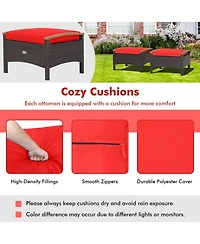 Gymax 2PCS Patio Ottomans Wooden Handles Rattan Knitting Foot Pedal Red