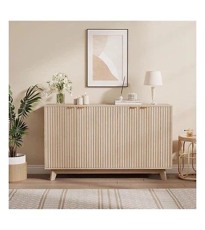 gaomon Fluted Cabinet with Storage Buffet Sideboard with Adjustable Shelves and Gold Handles for Living Room Entry and Kitchen Natural