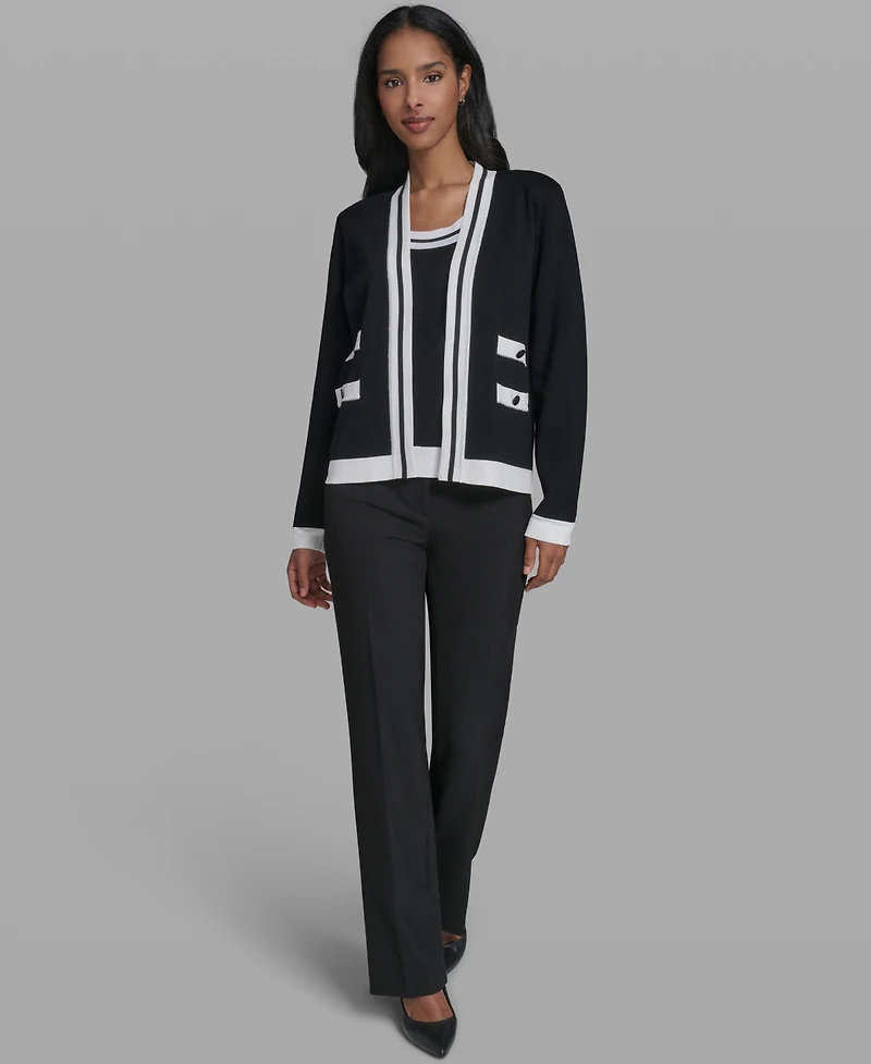Karl Lagerfeld Women's Open-Front Long-sleeve Knit Cardigan with Contrast Trim
