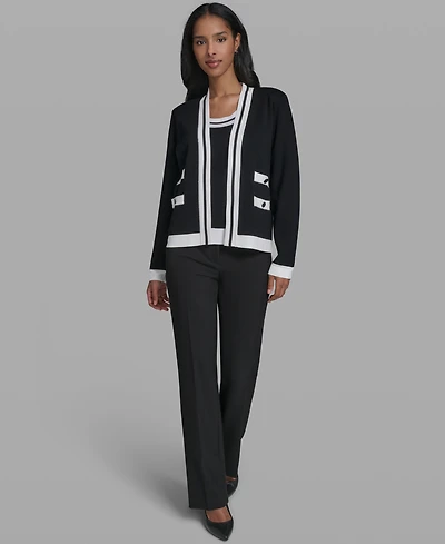 Karl Lagerfeld Women's Open-Front Long-sleeve Knit Cardigan with Contrast Trim