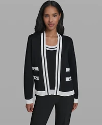 Karl Lagerfeld Women's Open-Front Long-sleeve Knit Cardigan with Contrast Trim