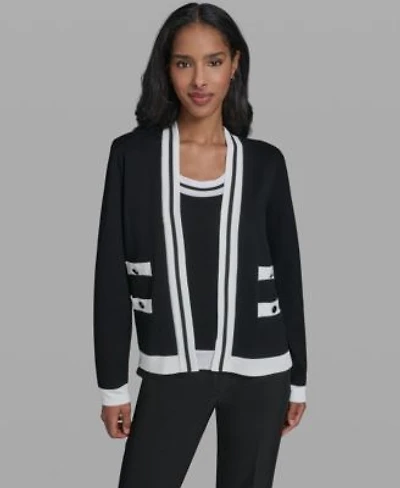 Karl Lagerfeld Paris Womens Open Front Long Sleeve Knit Cardigan With Contrast Trim