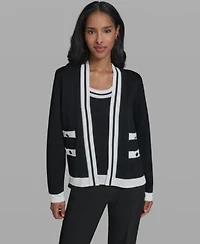 Karl Lagerfeld Paris Womens Open Front Long Sleeve Knit Cardigan With Contrast Trim