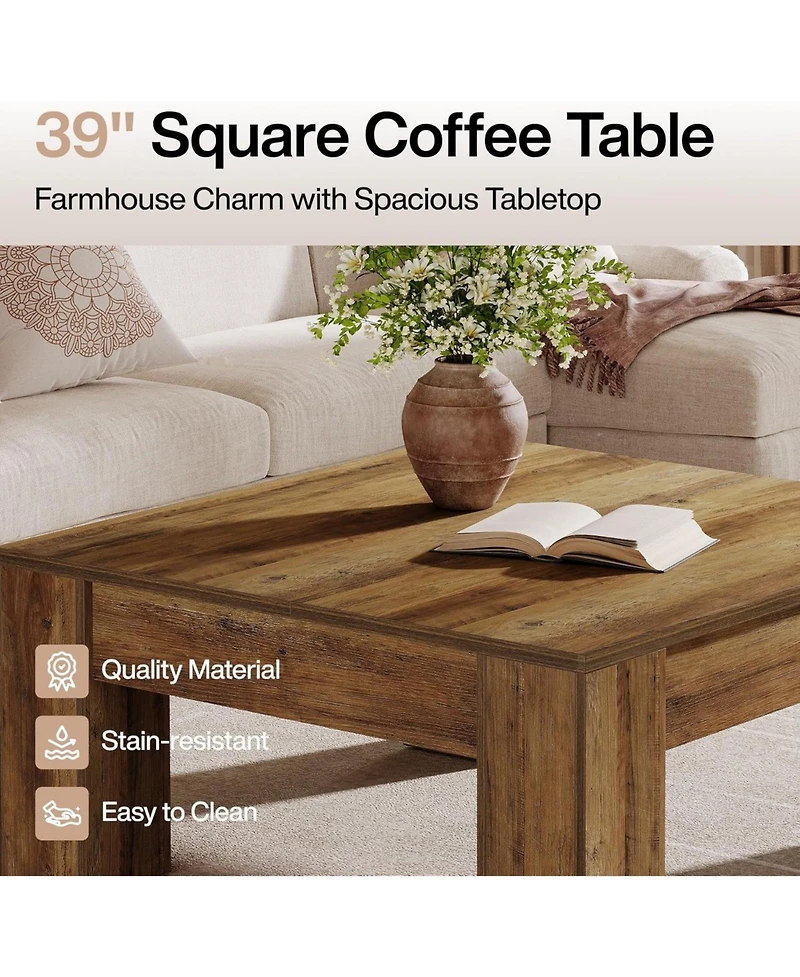 Tribesigns Square Coffee Table, 39-Inch Farmhouse Wooden Coffee Table with Sturdy Legs