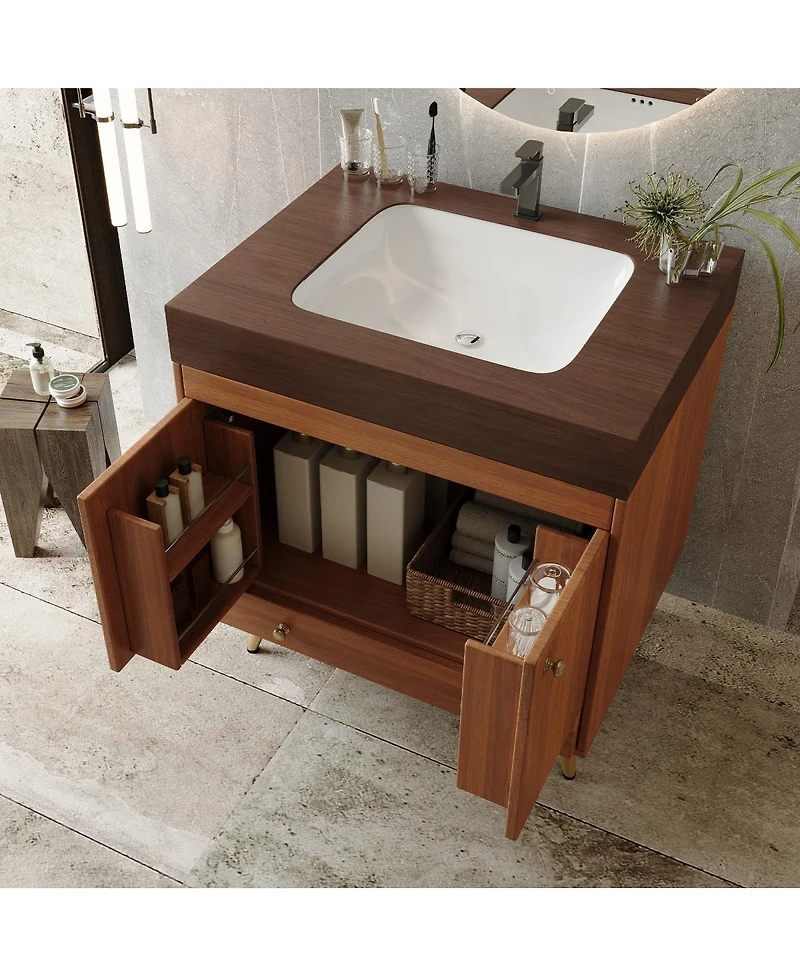 Sillysis 30" Freestanding Bathroom Vanity with Faux Marble Top, Ceramic Sink, Soft Close Storage for Small Bathrooms