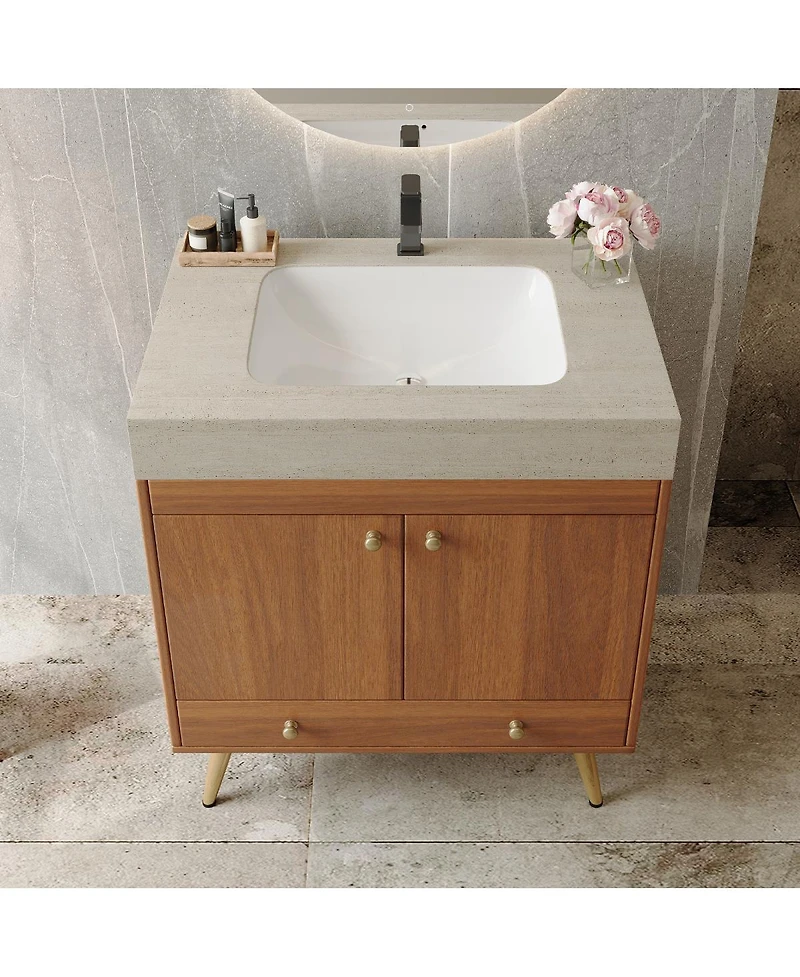 Sillysis 30" Freestanding Bathroom Vanity with Faux Marble Top, Ceramic Sink, Soft Close Storage for Small Bathrooms
