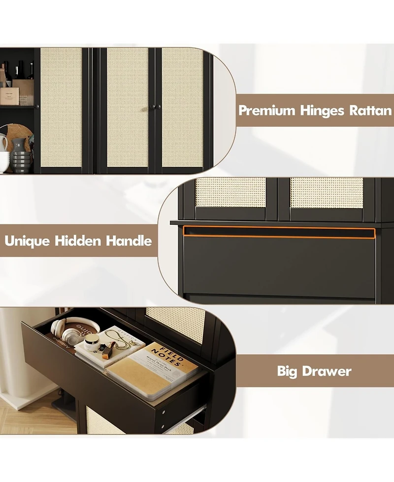 gaomon 70" Rattan Pantry Cabinet, Pantry Storage Cabinet with 4 Doors, Freestanding Cupboard with 3 Adjustable Shelves