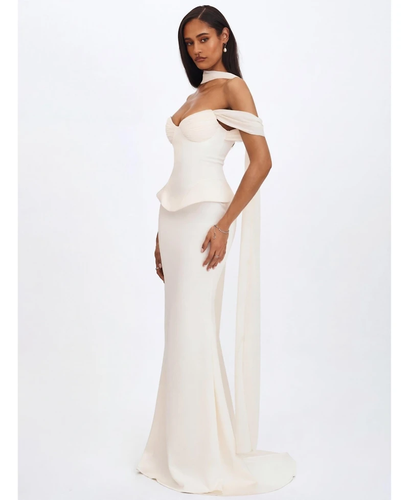 Miss Circle Women's Jessalyn Ivory Sweetheart Peplum Mermaid Wedding Dress with Chiffon Scarf