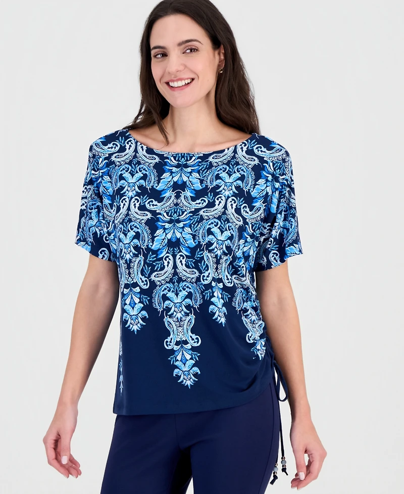 Jm Collection Women's Printed Side Ruched Boat-Neck Top, Macy's Exclusive