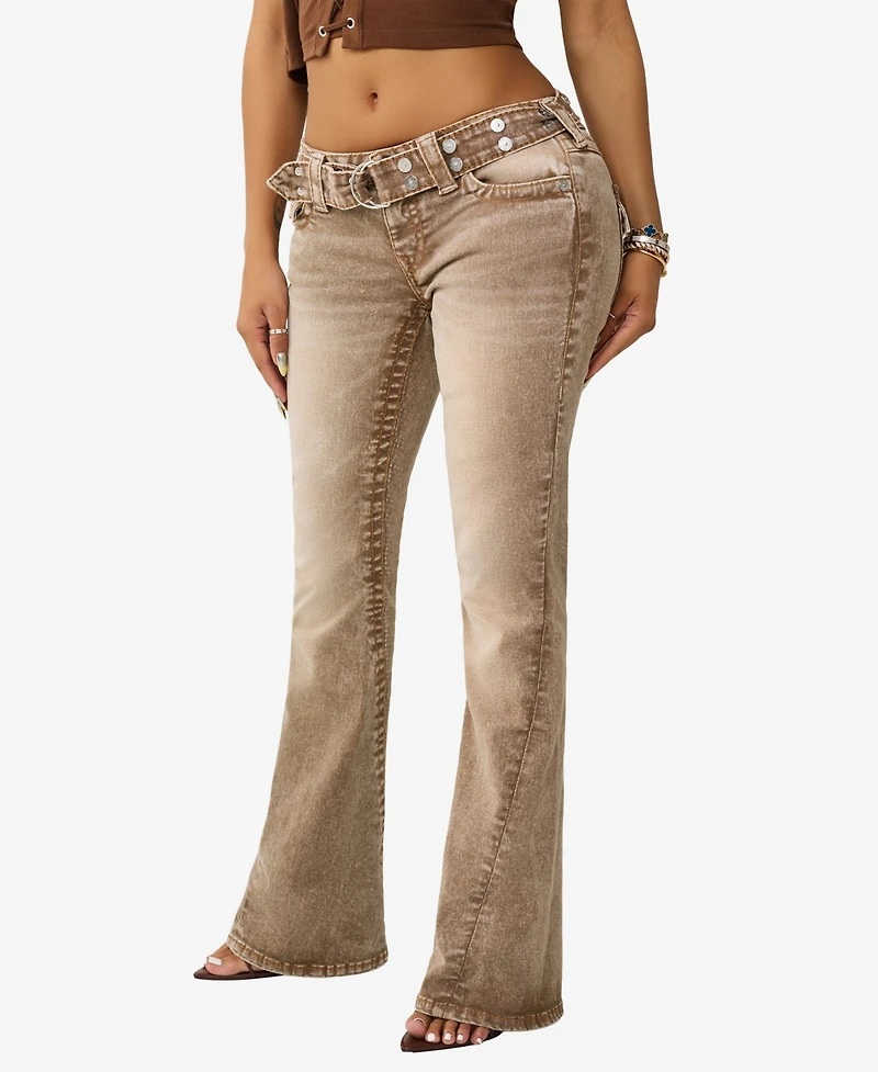 True Religion Women's Belted Joey Low-Rise Flare Big T-Flap Jeans