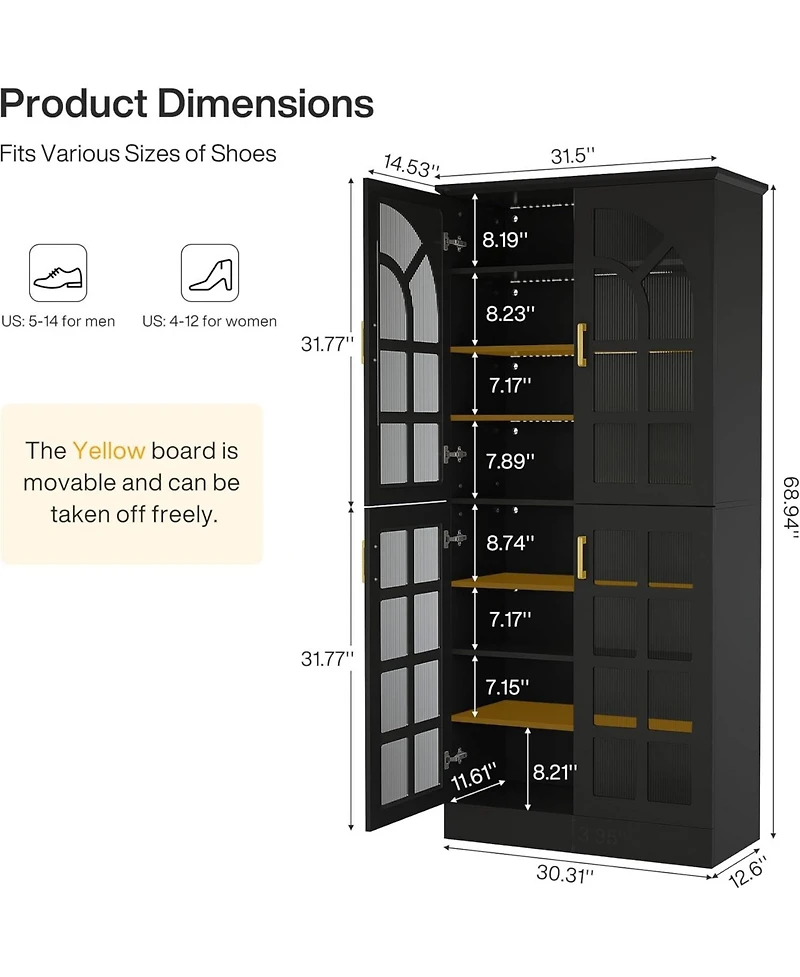 Tribesigns 68.94" Tall Shoe Cabinet with Doors and Led Lights Set of 2, 8-Tier Wooden Rack Organizer Adjustable Shelves