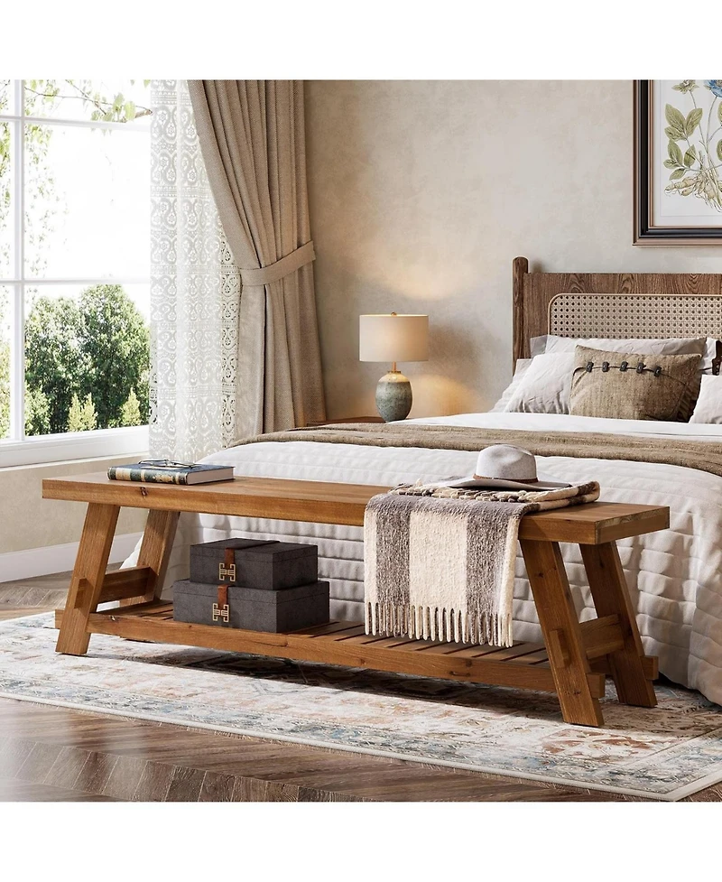 Tribesigns 63" Solid Wood Bench, 2-Tier Shoe Rack, Farmhouse Entryway Bench with Storage Shelf, Kitchen Dining Bench